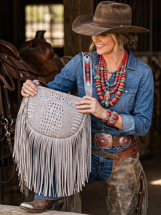 American Darling Handbags - Boho Fringe Crossbody Statement Bag- Croc Embossed Metallic finish